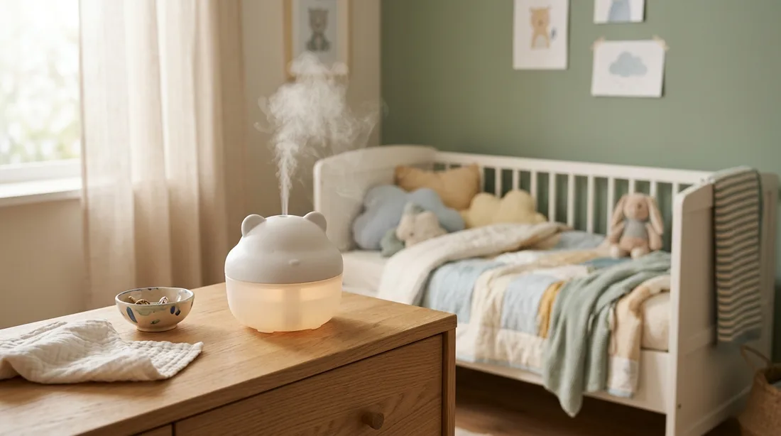 Kleiner Luftbefeuchter auf einer Kommode in einem ruhigen Kinderzimmer