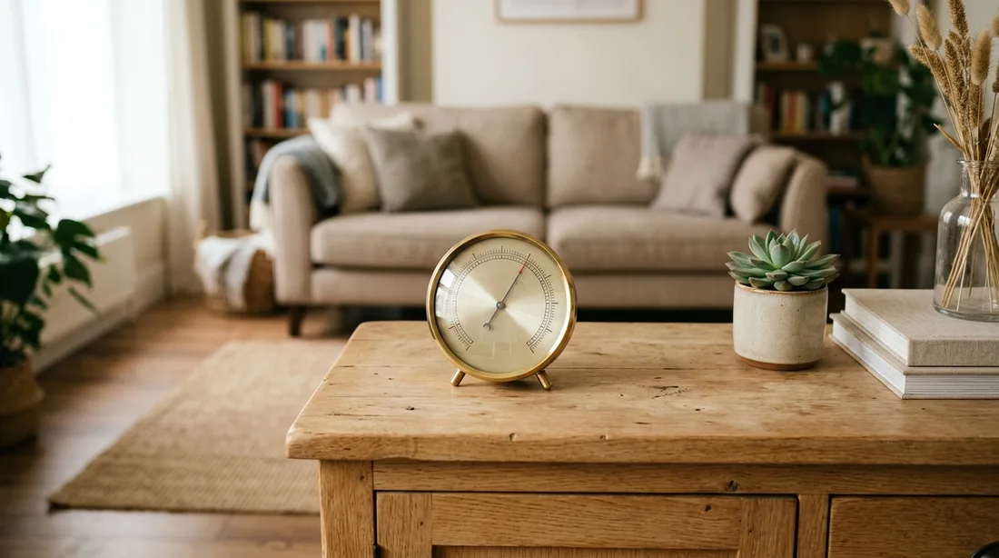 Analoges Hygrometer auf einem Holztisch in der Raummitte eines Wohnzimmers, mit Abstand zu Fenster und Heizkörper