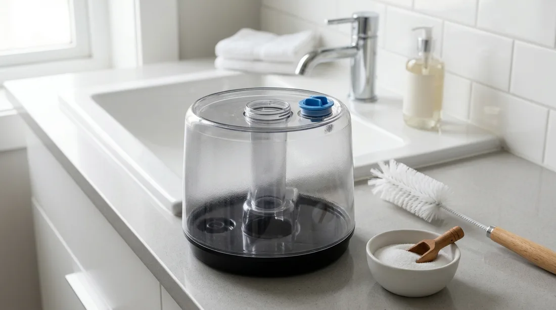 Geöffneter Wassertank eines Luftbefeuchters mit Bürste und Zitronensäure am Waschbecken